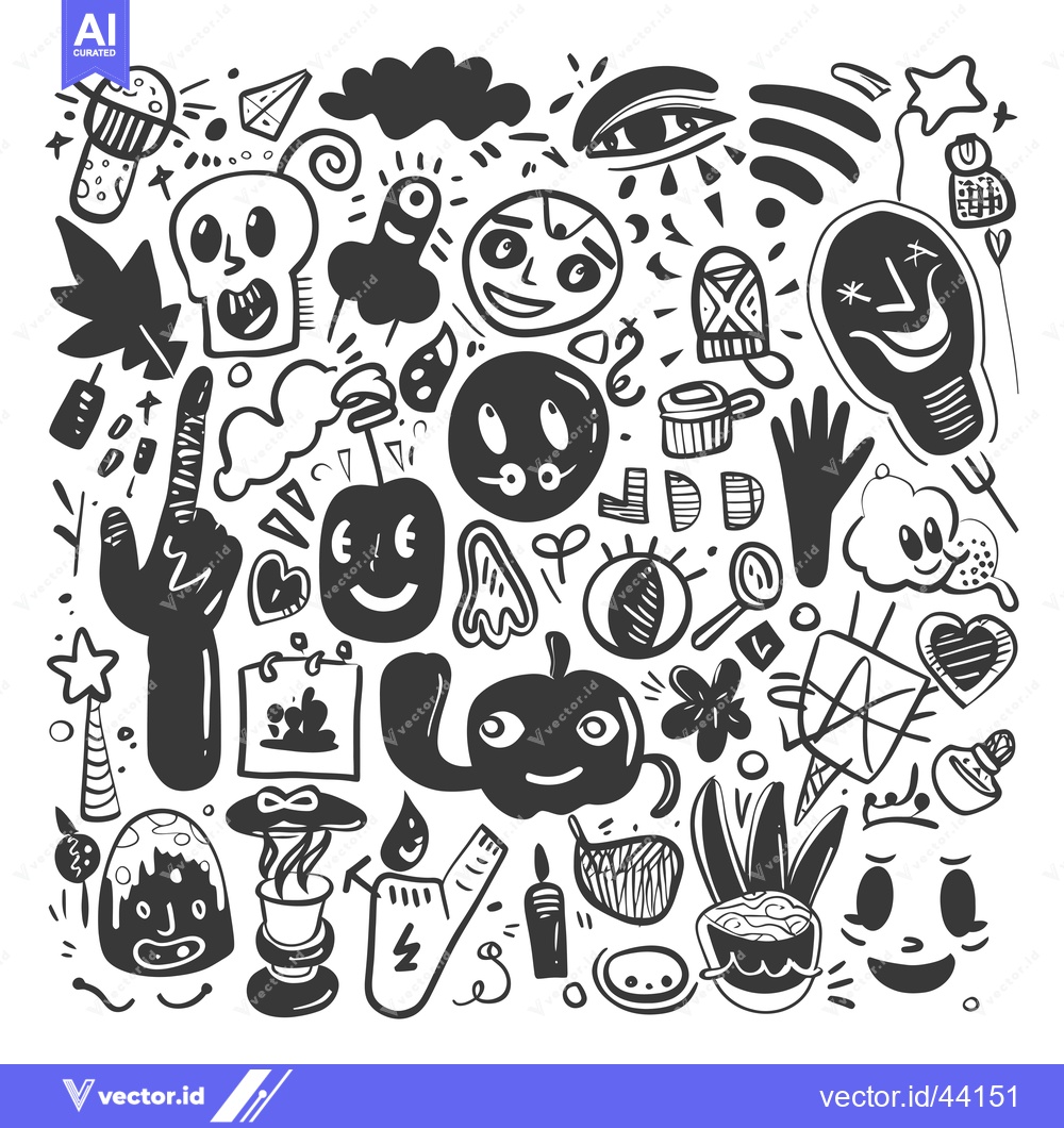 Premium Vector dari Hand-Drawn Black and White Doodle Illustrations of Whimsical Faces and