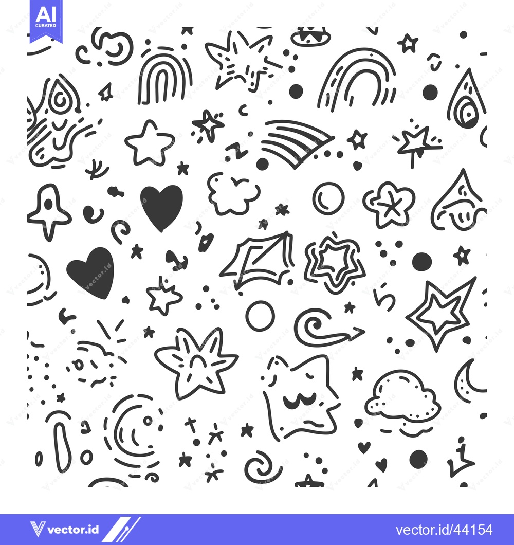 Premium Vector dari Hand-drawn Black and White Doodle Pattern with Stars, Hearts, and Clou