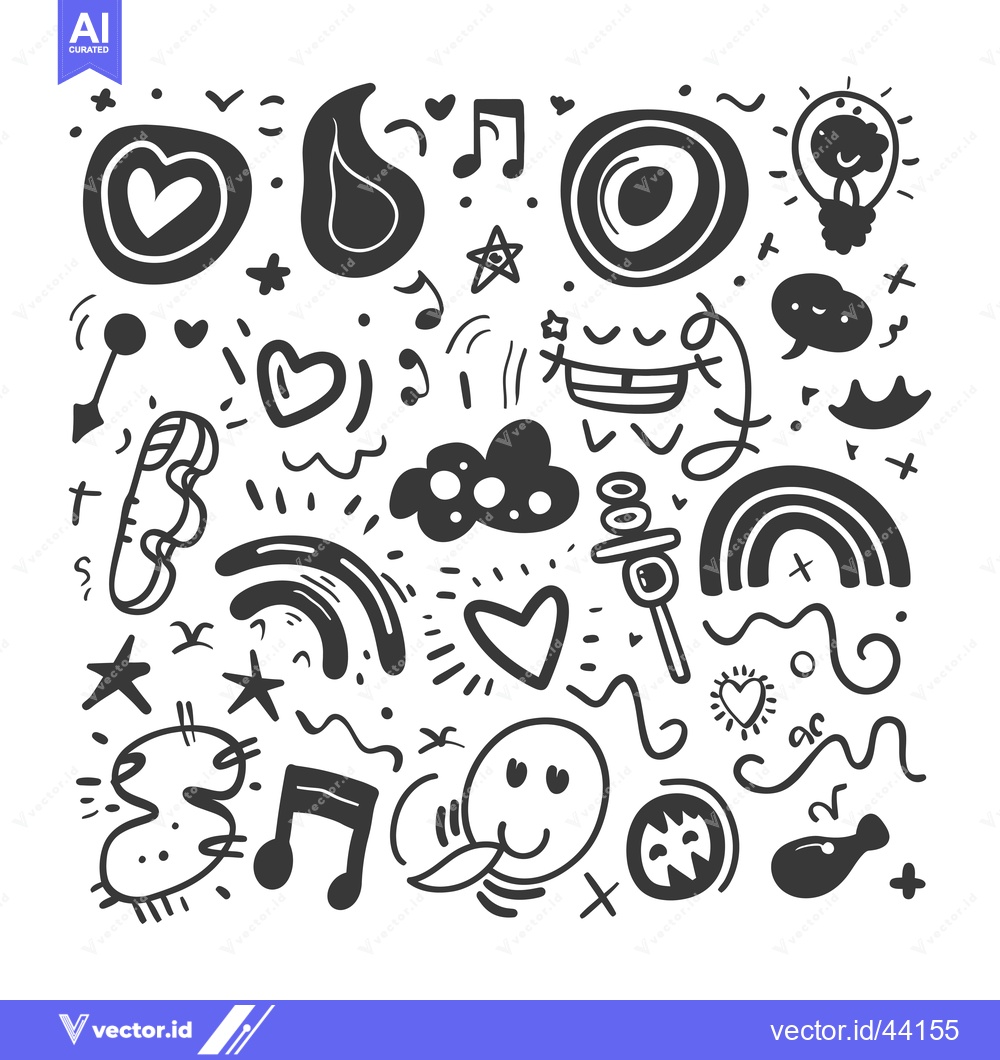 Premium Vector dari Hand-drawn Black and White Doodle Pattern with Various Shapes and Emoj