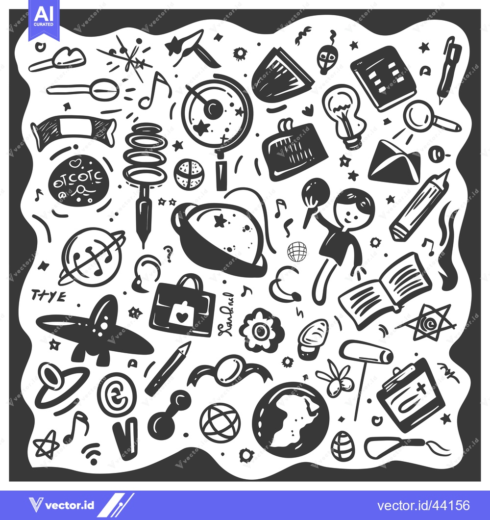 Premium Vector dari Hand-drawn black and white doodles depicting various objects and conce