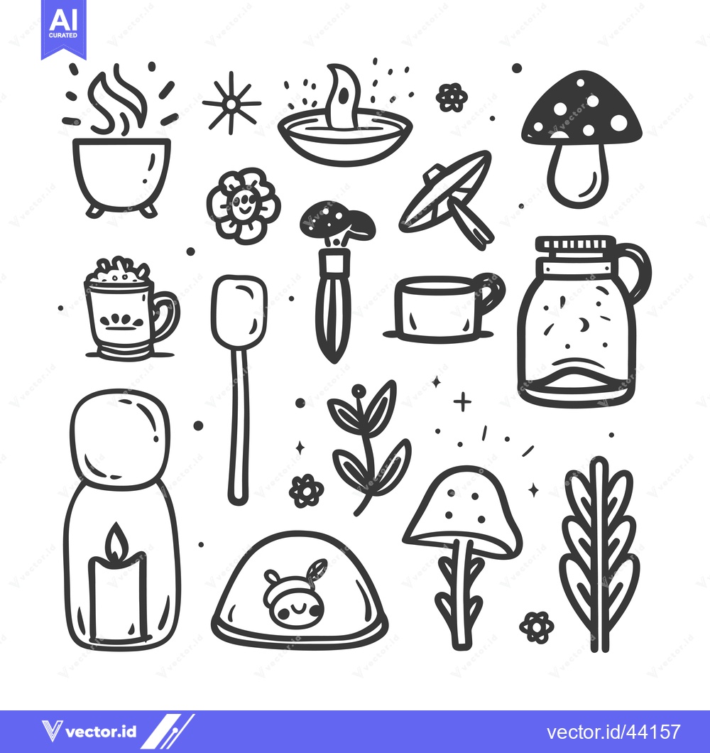 Premium Vector dari Hand-Drawn Black and White Doodle Set of Magical Forest Elements