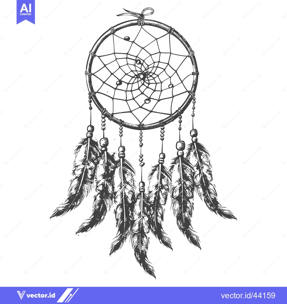 Premium Vector of Hand-Drawn Black and White Dreamcatcher with Feathers