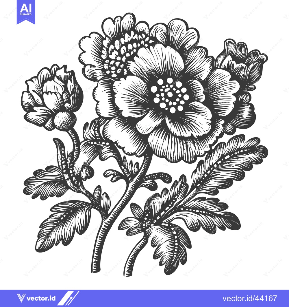 Premium Vector dari Hand-Drawn Black and White Floral Arrangement with Detailed Petals and