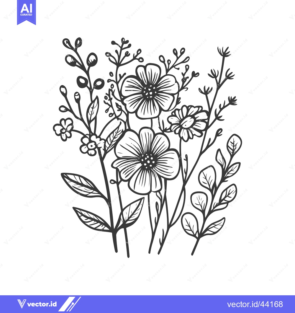 Premium Vector dari Hand-drawn black and white floral arrangement with flowers and leaves