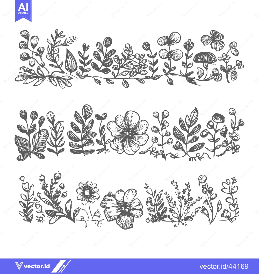 Premium Vector dari Hand-Drawn Black and White Floral Border with Delicate Flowers and Lea