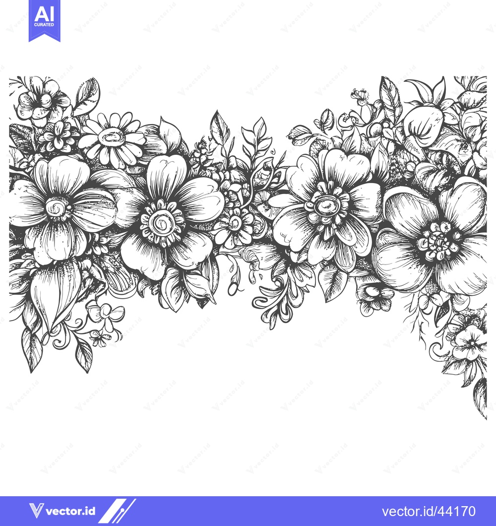 Premium Vector of Hand-drawn black and white floral border with detailed flowers and lea