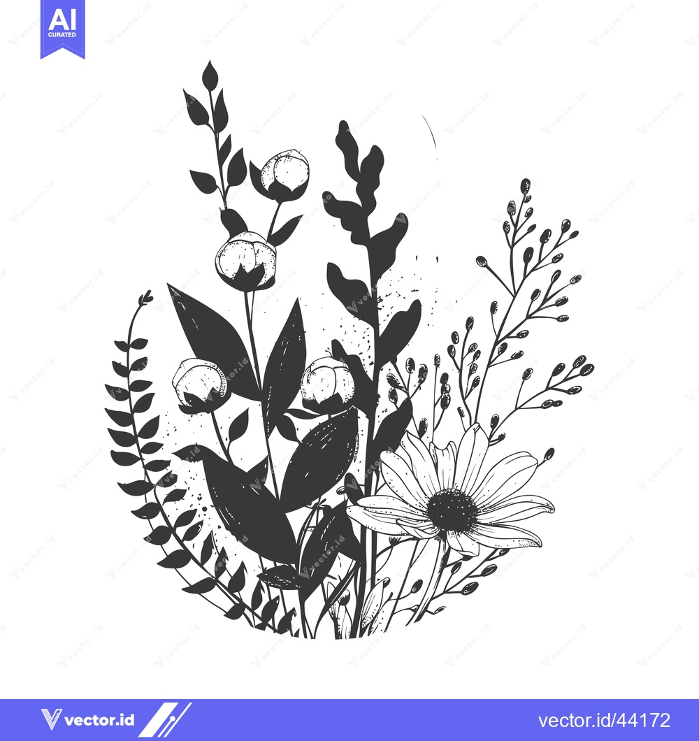 Premium Vector of Hand-Drawn Black and White Floral Bouquet with a Single Large Flower