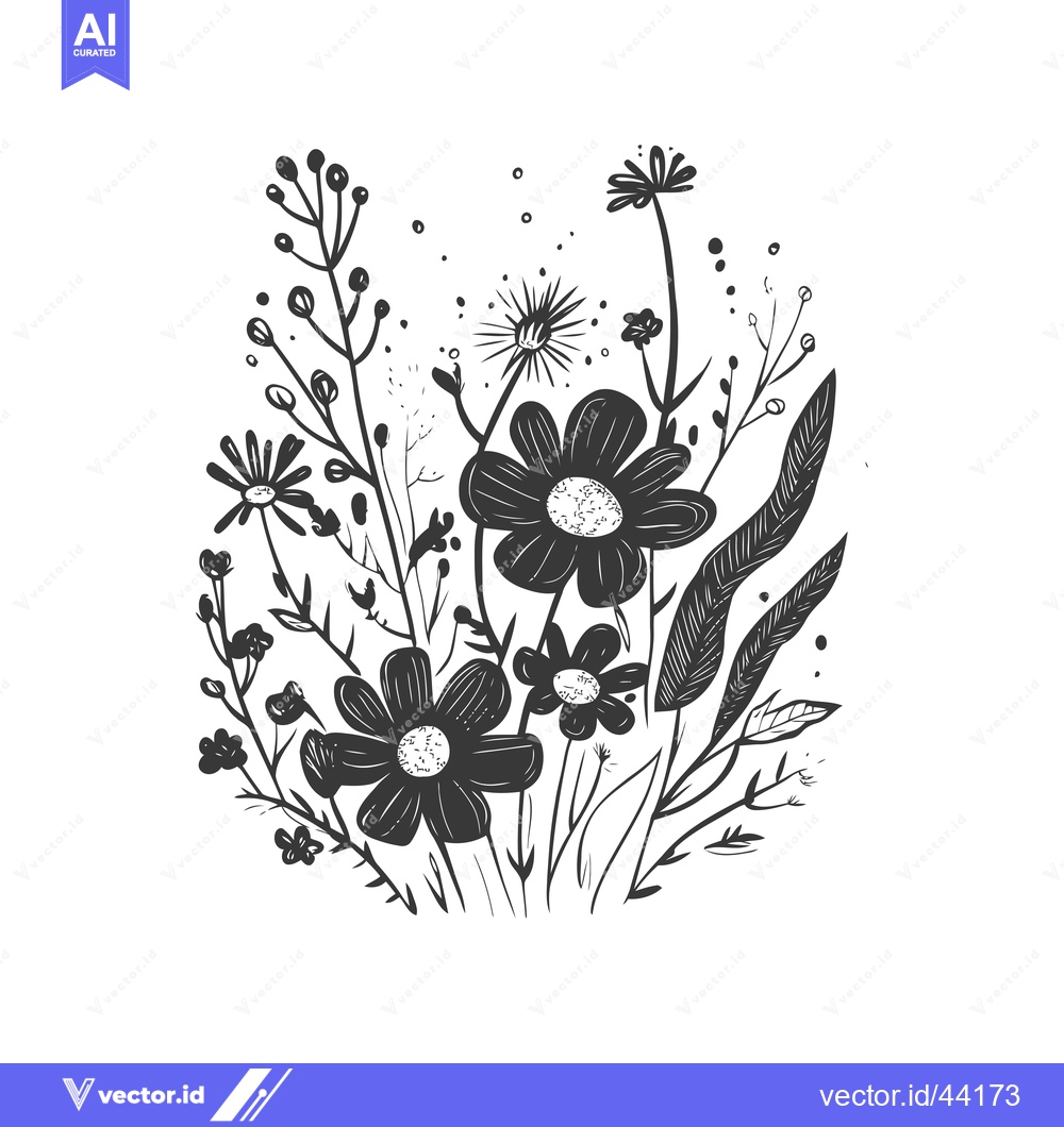 Premium Vector of Hand-Drawn Black and White Floral Bouquet with Delicate Flowers and Le