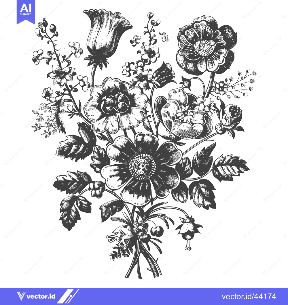Premium Vector dari Hand-Drawn Black and White Floral Bouquet with Detailed Petals and Lea