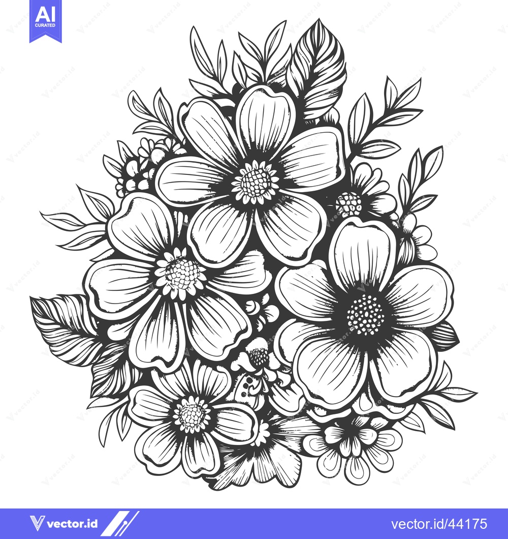Premium Vector dari Hand-Drawn Black and White Floral Bouquet with Detailed Petals and Lea