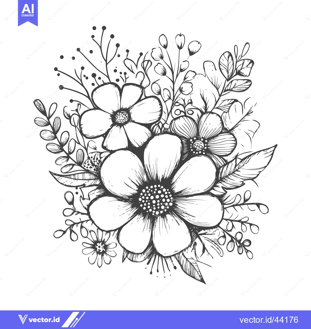 Premium Vector dari Hand-drawn Black and White Floral Bouquet with Detailed Petals and Lea