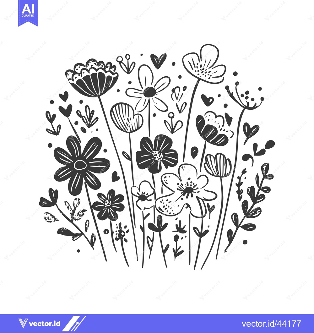 Premium Vector of Hand-Drawn Black and White Floral Bouquet with Hearts