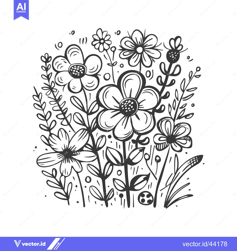 Premium Vector dari Hand-drawn black and white floral bouquet with leaves and stems