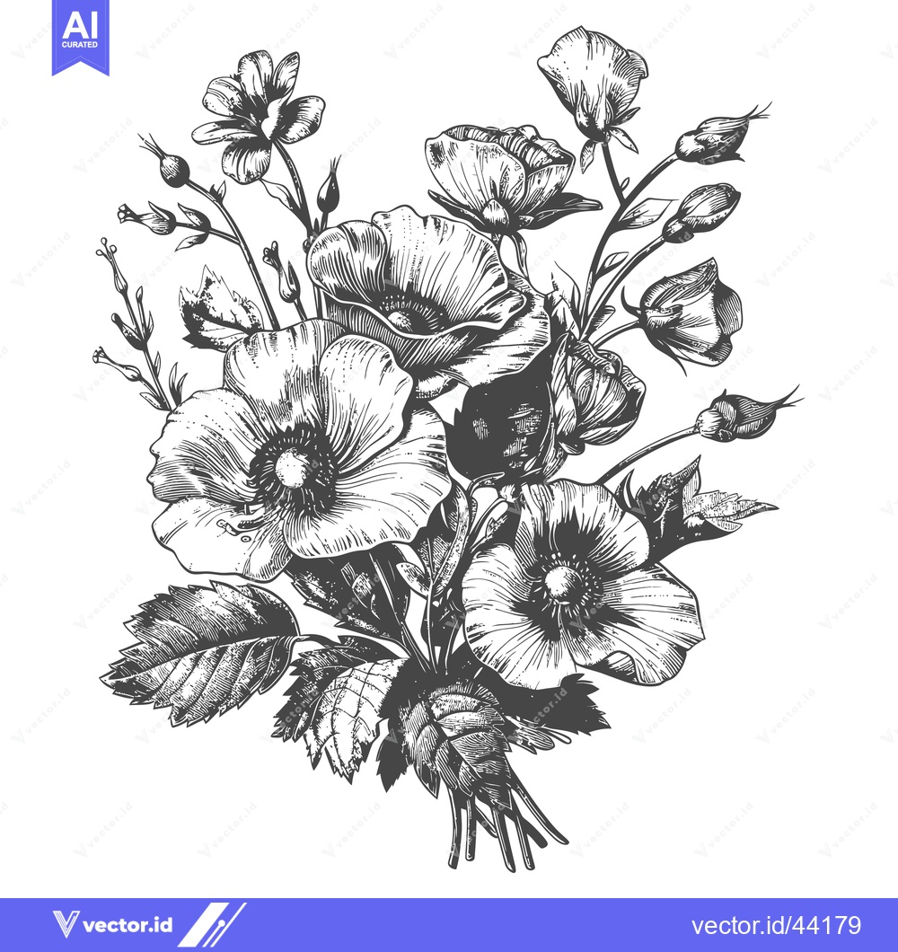 Premium Vector of Hand-Drawn Black and White Floral Bouquet with Poppies and Buds