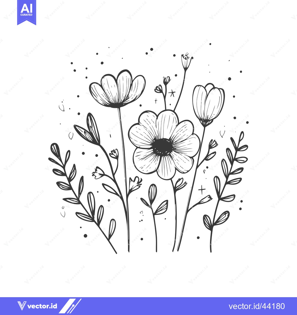 Premium Vector of Hand-drawn black and white floral bouquet with scattered dots and hear