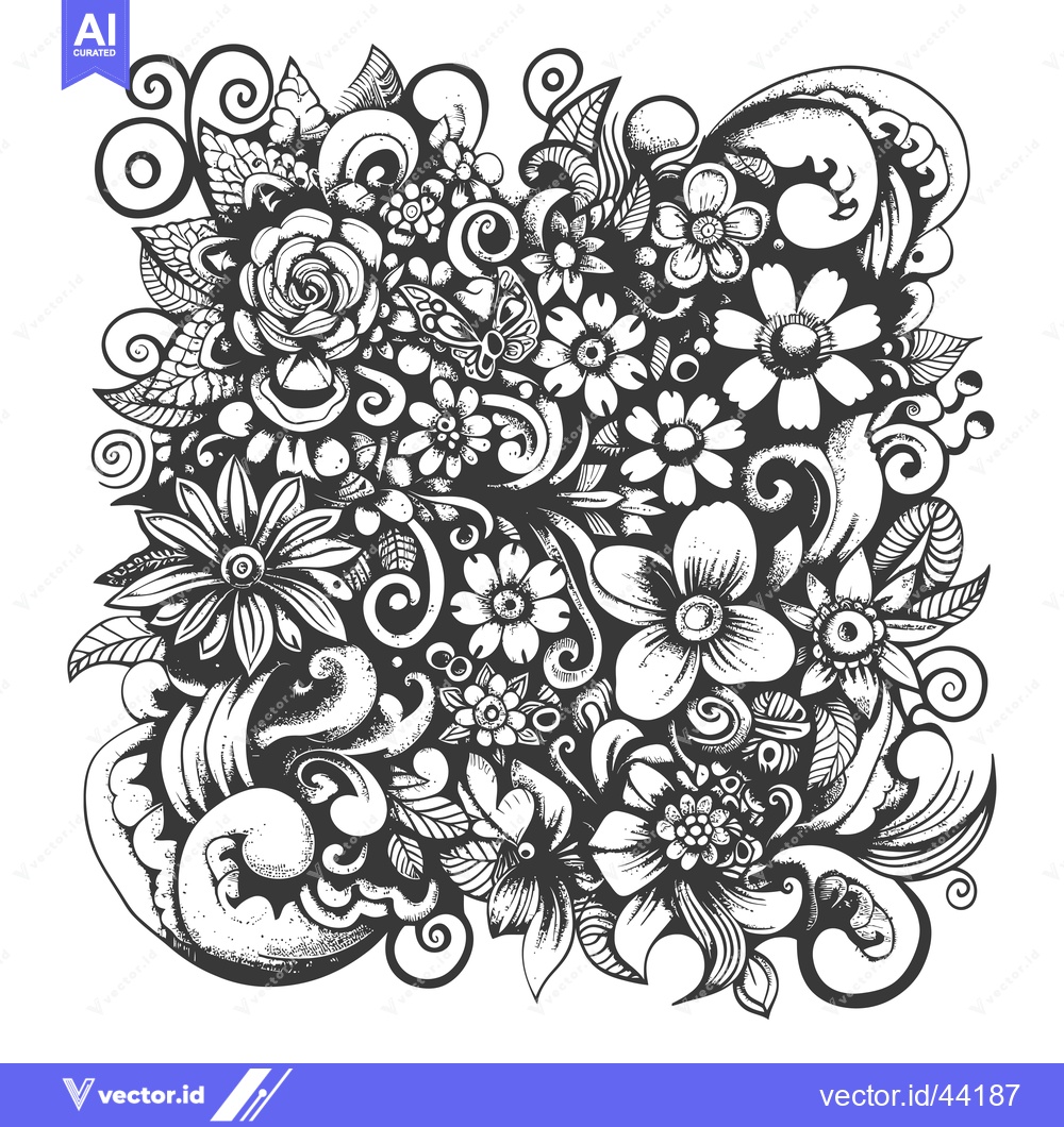 Premium Vector of Hand-Drawn Black and White Floral Illustration with Butterfly