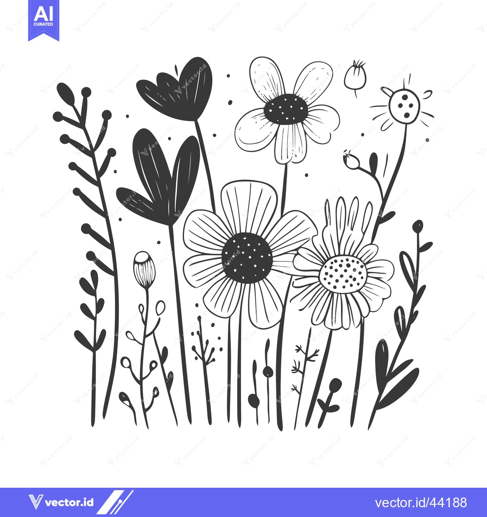 Premium Vector of Hand-Drawn Black and White Floral Illustration with Various Flowers an