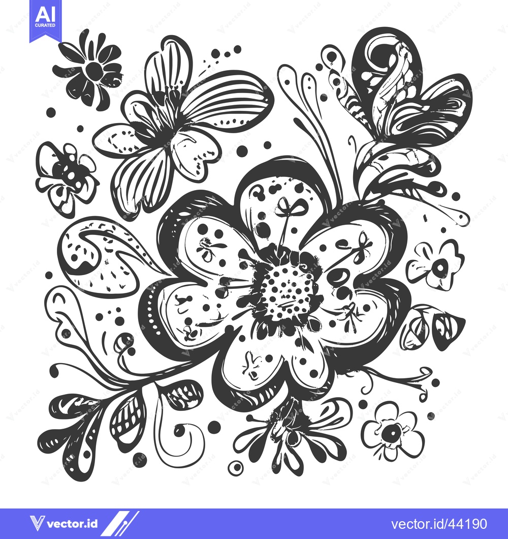 Premium Vector of Hand-Drawn Black and White Floral Pattern with a Large Flower and Smal