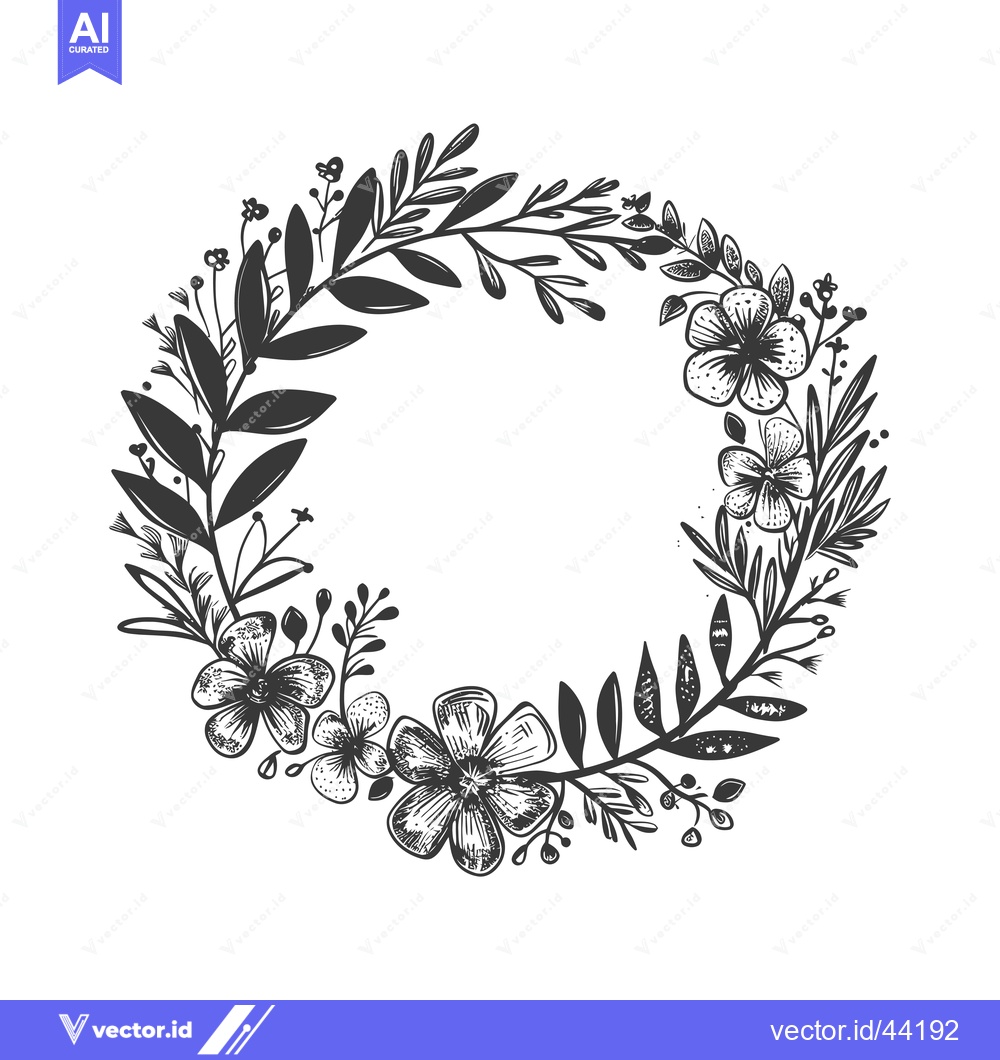 Premium Vector dari Hand-Drawn Black and White Floral Wreath with Blank Center