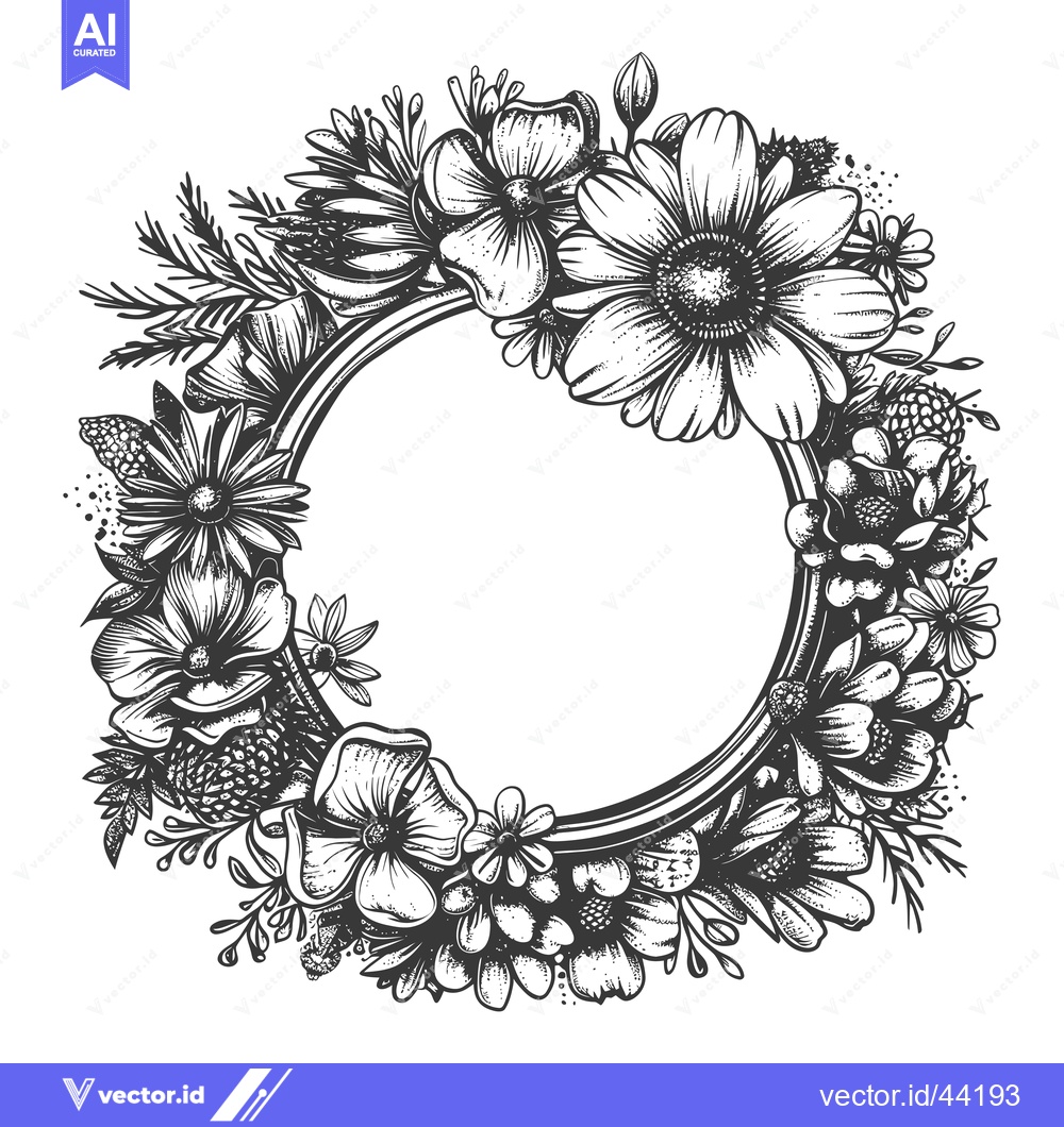 Premium Vector of Hand-drawn Black and White Floral Wreath with Circle Frame
