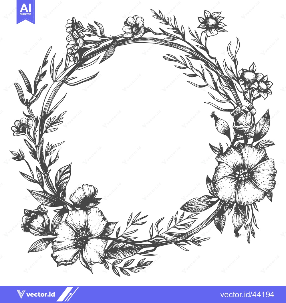Premium Vector dari Hand-drawn black and white floral wreath with circular space
