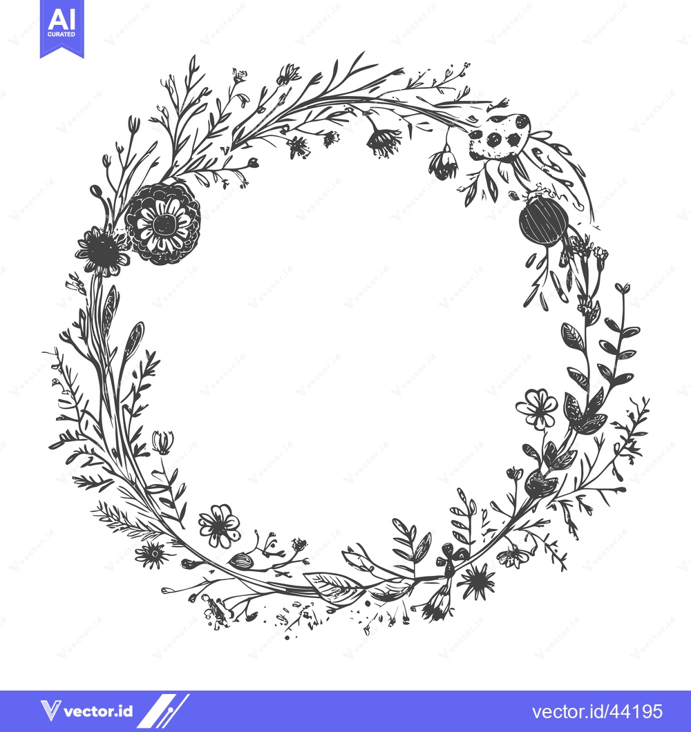 Premium Vector of Hand-Drawn Black and White Floral Wreath with Delicate Blooms and Leav