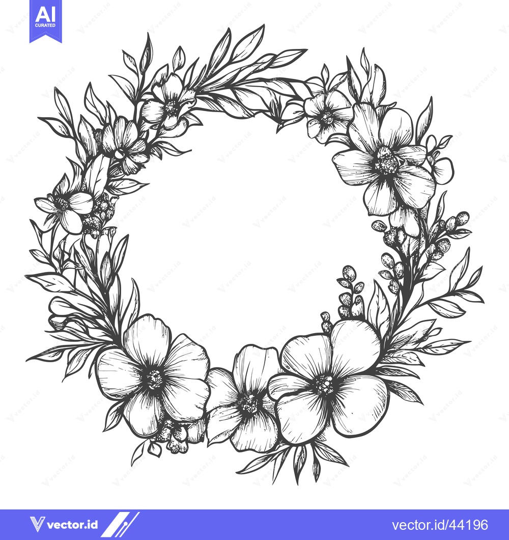 Premium Vector of Hand-Drawn Black and White Floral Wreath with Empty Center