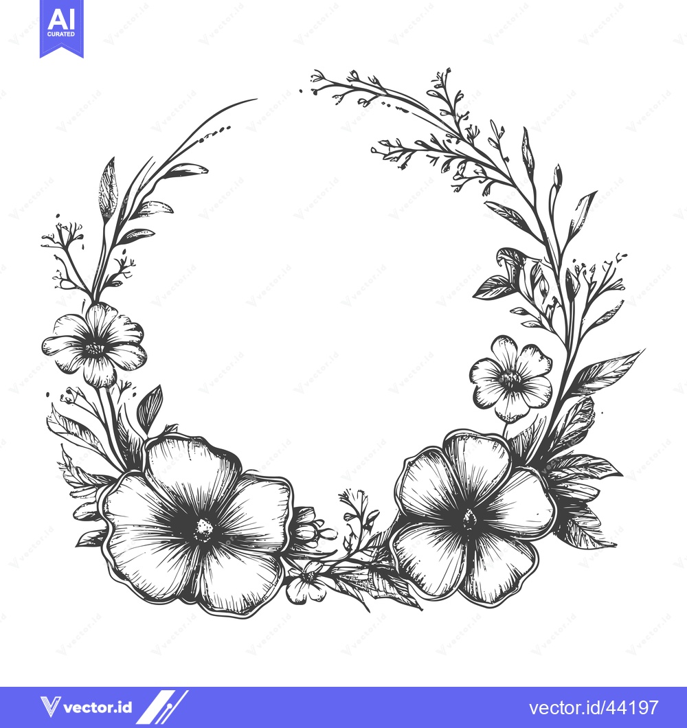 Premium Vector of Hand-Drawn Black and White Floral Wreath with Flowers and Leaves