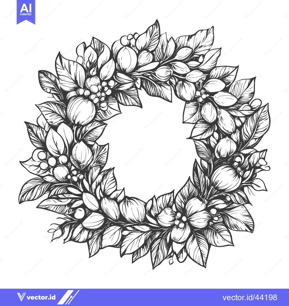 Premium Vector dari Hand-Drawn Black and White Floral Wreath with Flowers and Leaves