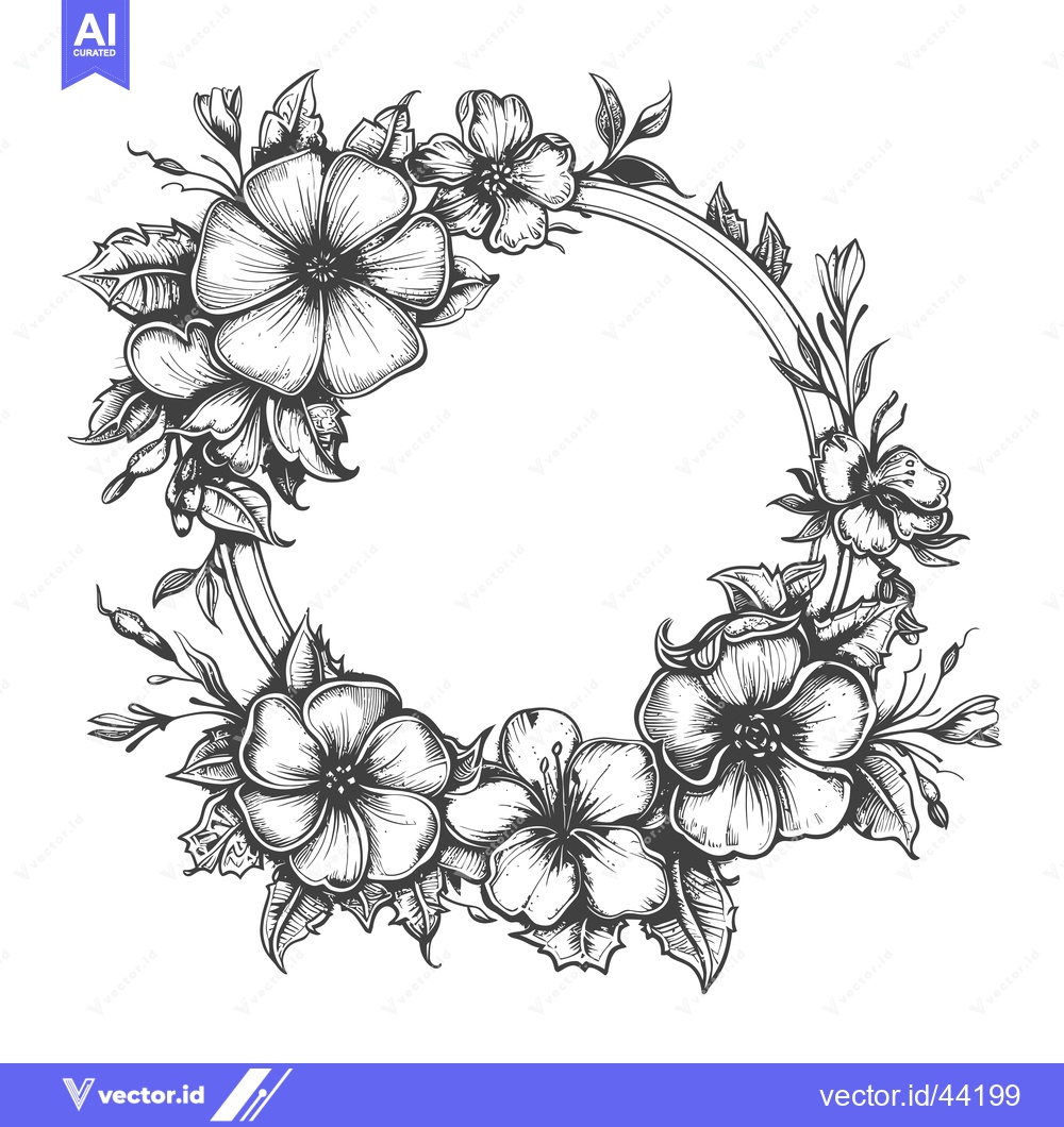 Premium Vector dari Hand-Drawn Black and White Floral Wreath with Oval Center