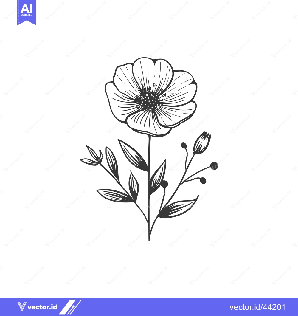Premium Vector dari Hand-Drawn Black and White Flower with Stem and Leaves