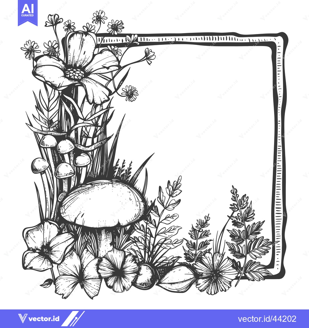 Premium Vector of Hand-Drawn Black and White Frame of Flowers, Mushrooms, and Grass