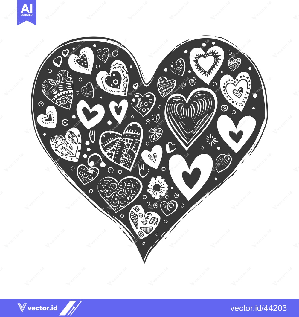 Premium Vector dari Hand-drawn black and white heart filled with smaller hearts