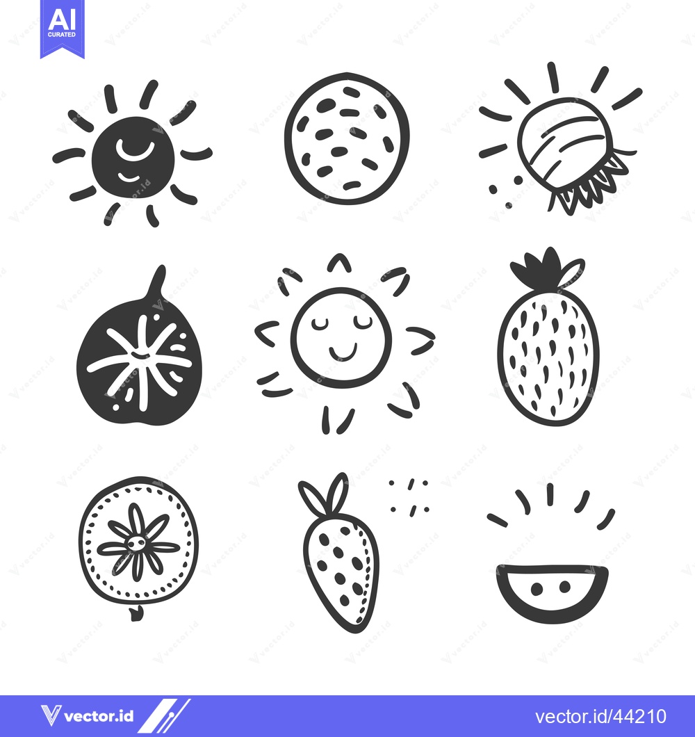 Premium Vector of Hand-Drawn Black and White Icons of Summer Fruits and Suns