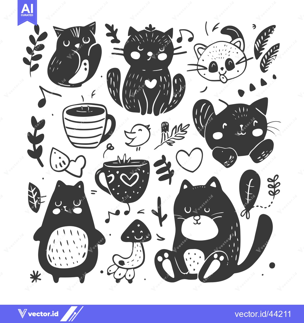 Premium Vector dari Hand-drawn black and white illustration featuring cats, an owl, and ot