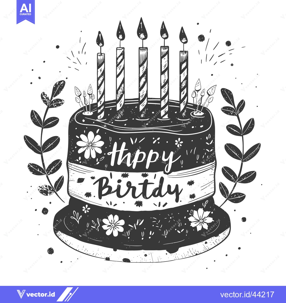 Premium Vector dari Hand-drawn Black and White Illustration of a Birthday Cake with Candle