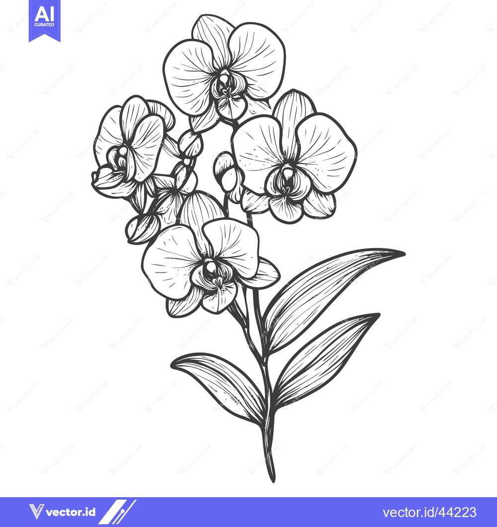Premium Vector of Hand-Drawn Black and White Illustration of a Branch of Orchids