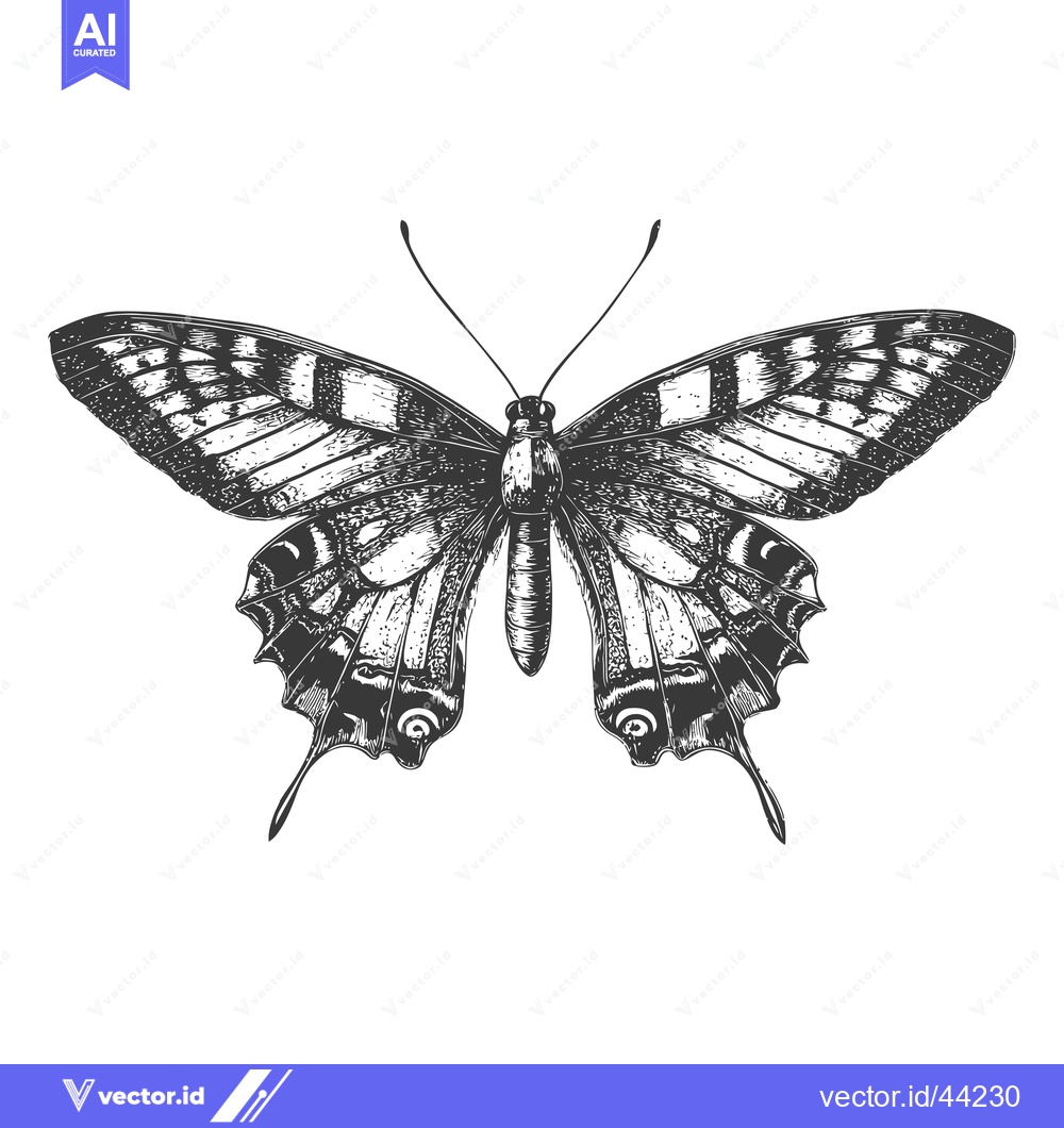 Premium Vector of Hand-Drawn Black and White Illustration of a Butterfly