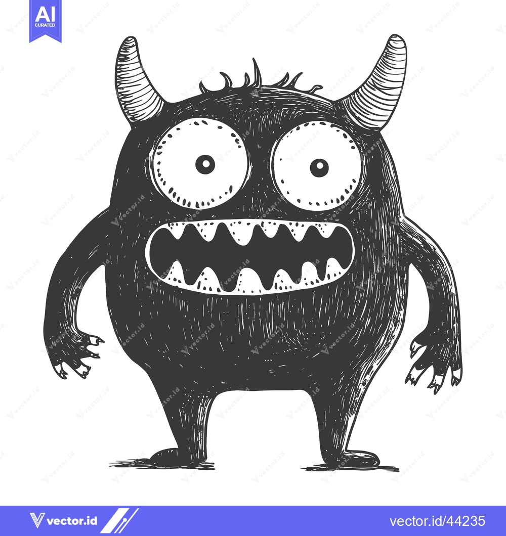Premium Vector of Hand-drawn black and white illustration of a cartoon monster with horn