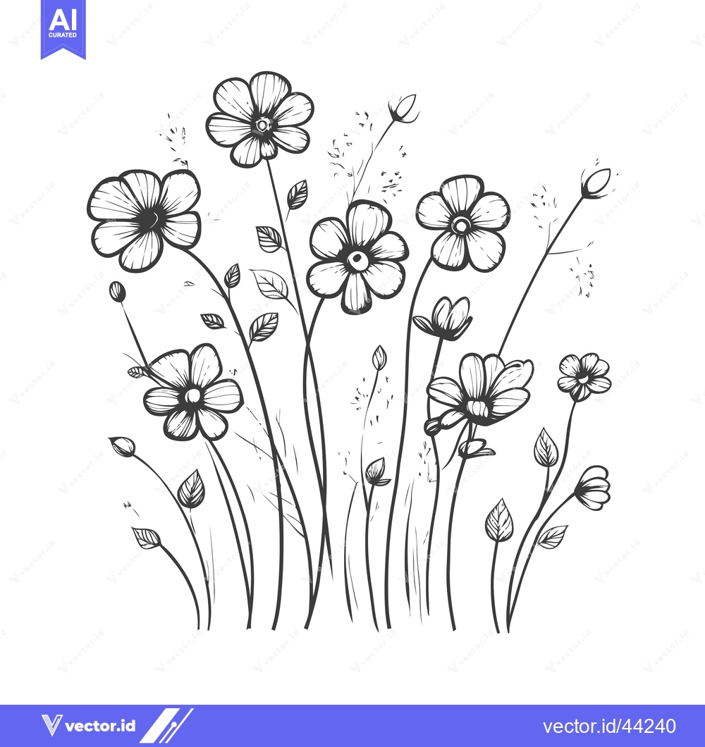 Premium Vector of Hand-drawn Black and White Illustration of a Cluster of Flowers