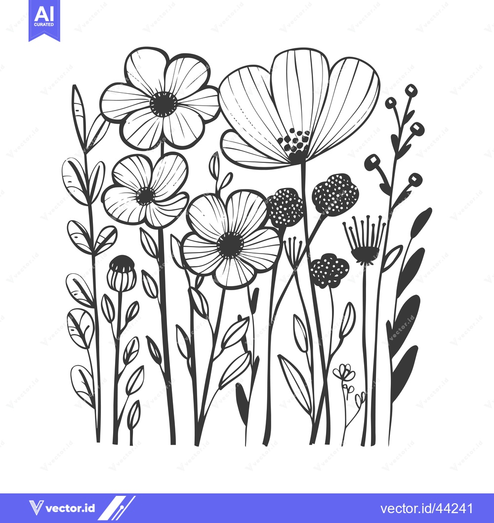Premium Vector dari Hand-drawn black and white illustration of a cluster of flowers and le