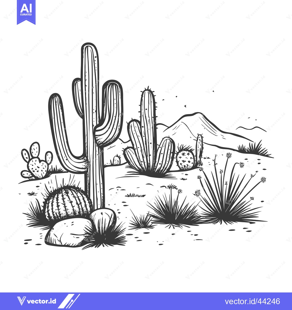Premium Vector dari Hand-drawn black and white illustration of a desert landscape with var