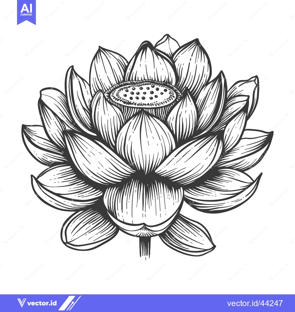Premium Vector of Hand-Drawn Black and White Illustration of a Detailed Lotus Flower