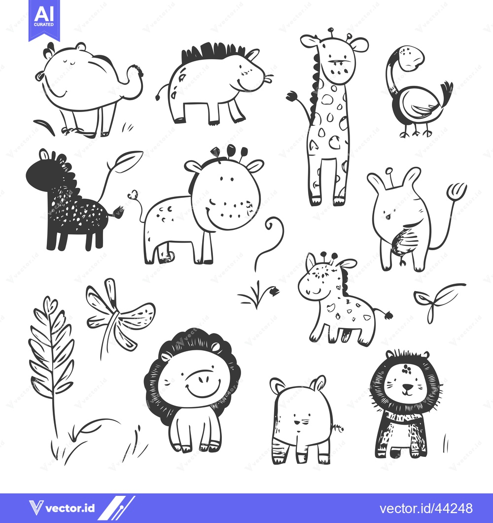Premium Vector dari Hand-drawn Black and White Illustration of Adorable African Animals