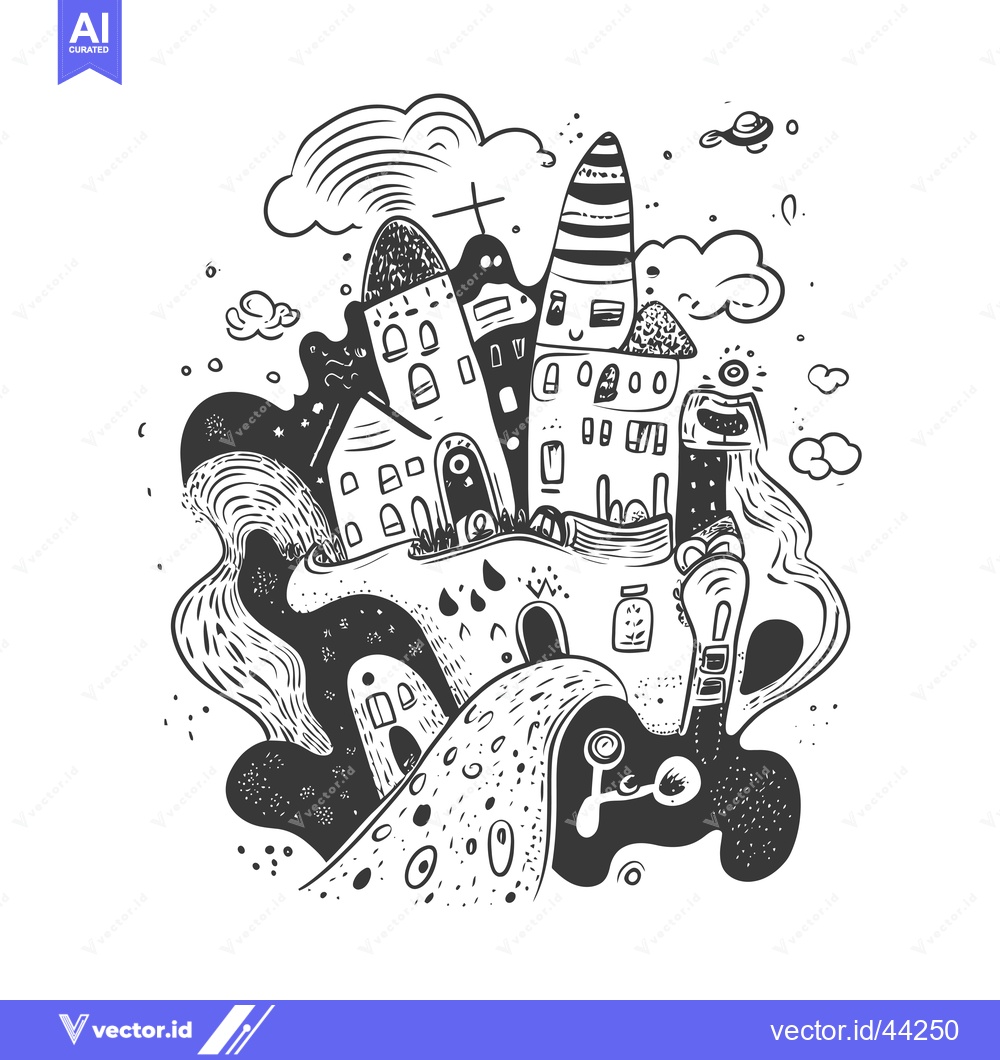 Premium Vector dari Hand-Drawn Black and White Illustration of a Fantastical Town