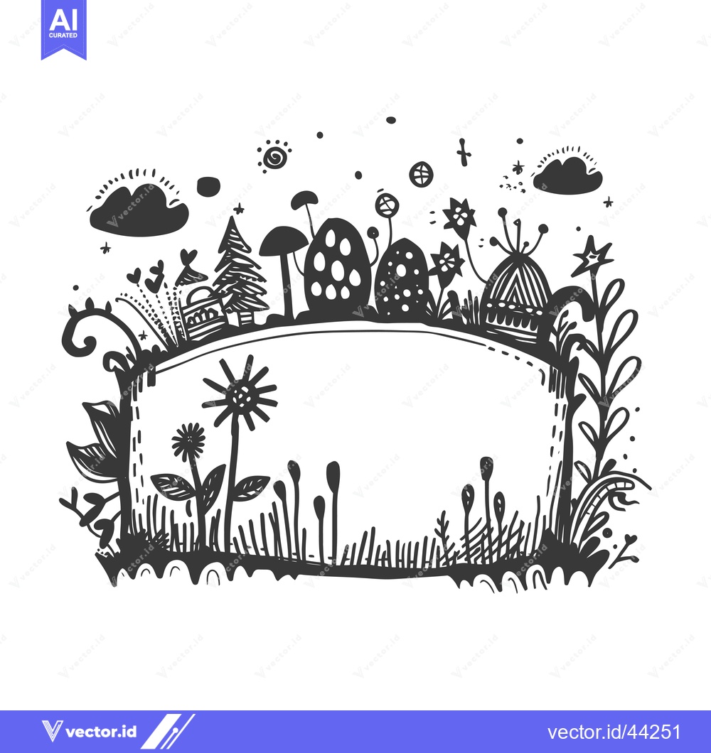 Premium Vector of Hand-Drawn Black and White Illustration of a Fantasy Landscape with a