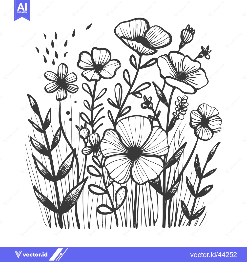 Premium Vector dari Hand-Drawn Black and White Illustration of a Field of Flowers
