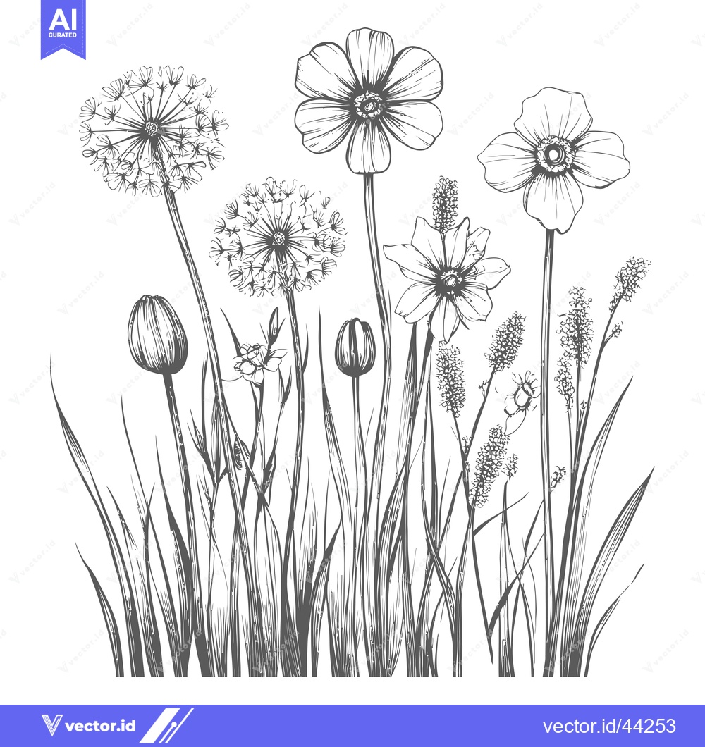 Premium Vector dari Hand-drawn black and white illustration of a field of wildflowers with