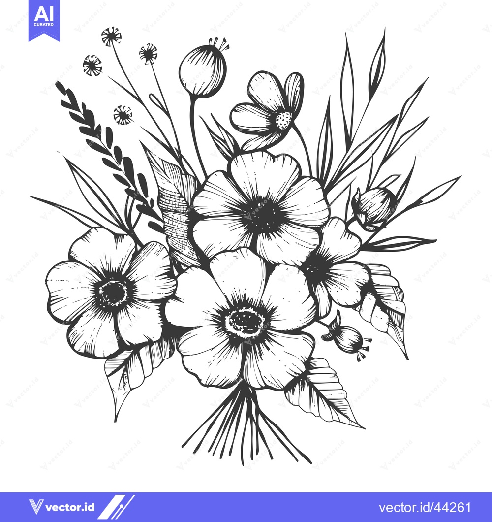 Premium Vector dari Hand-drawn black and white illustration of a floral bouquet