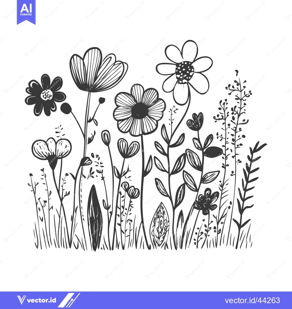 Premium Vector dari Hand-drawn Black and White Illustration of a Floral Meadow with Variou